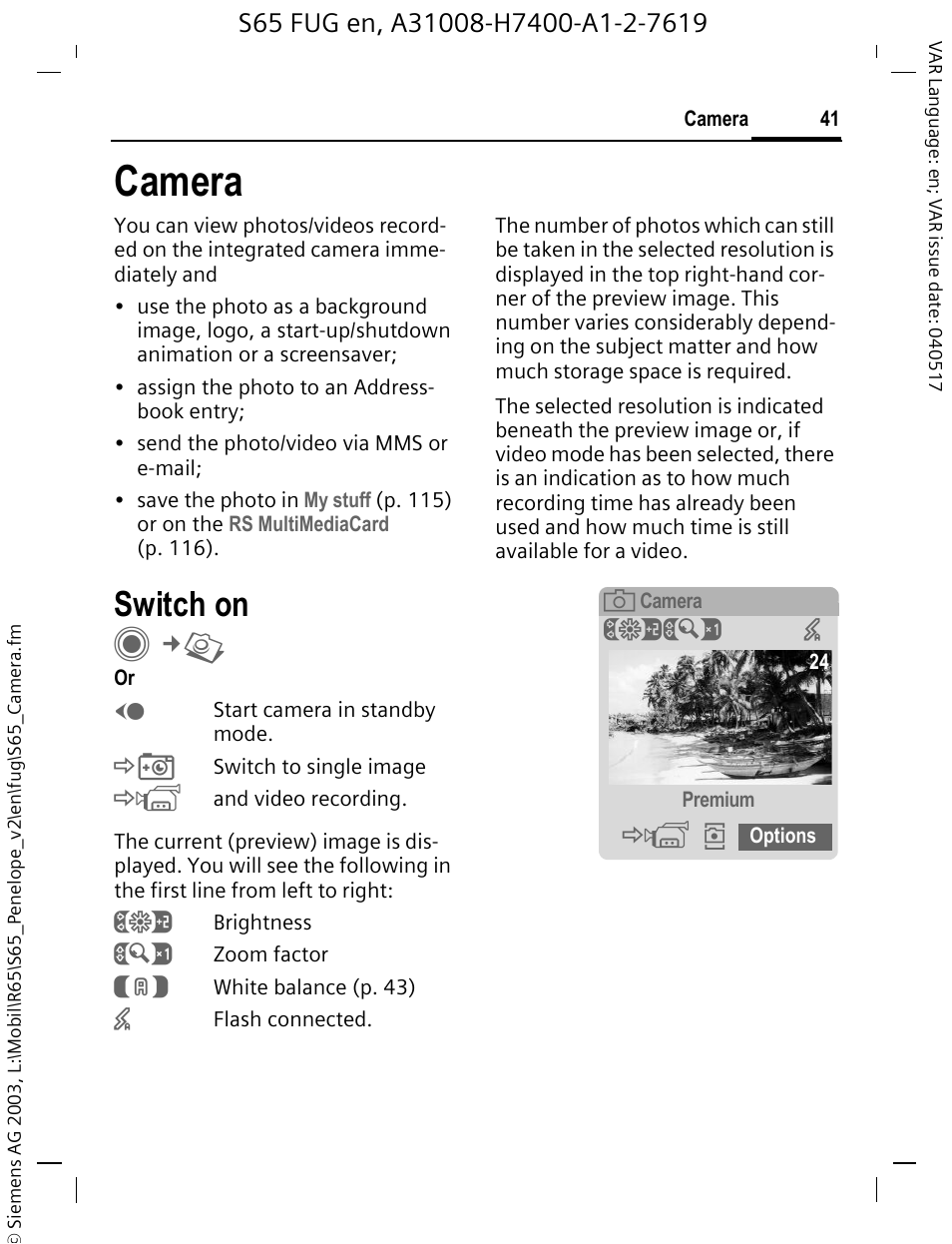 Camera, Switch on, Щъ ч | Siemens S65 User Manual | Page 42 / 145