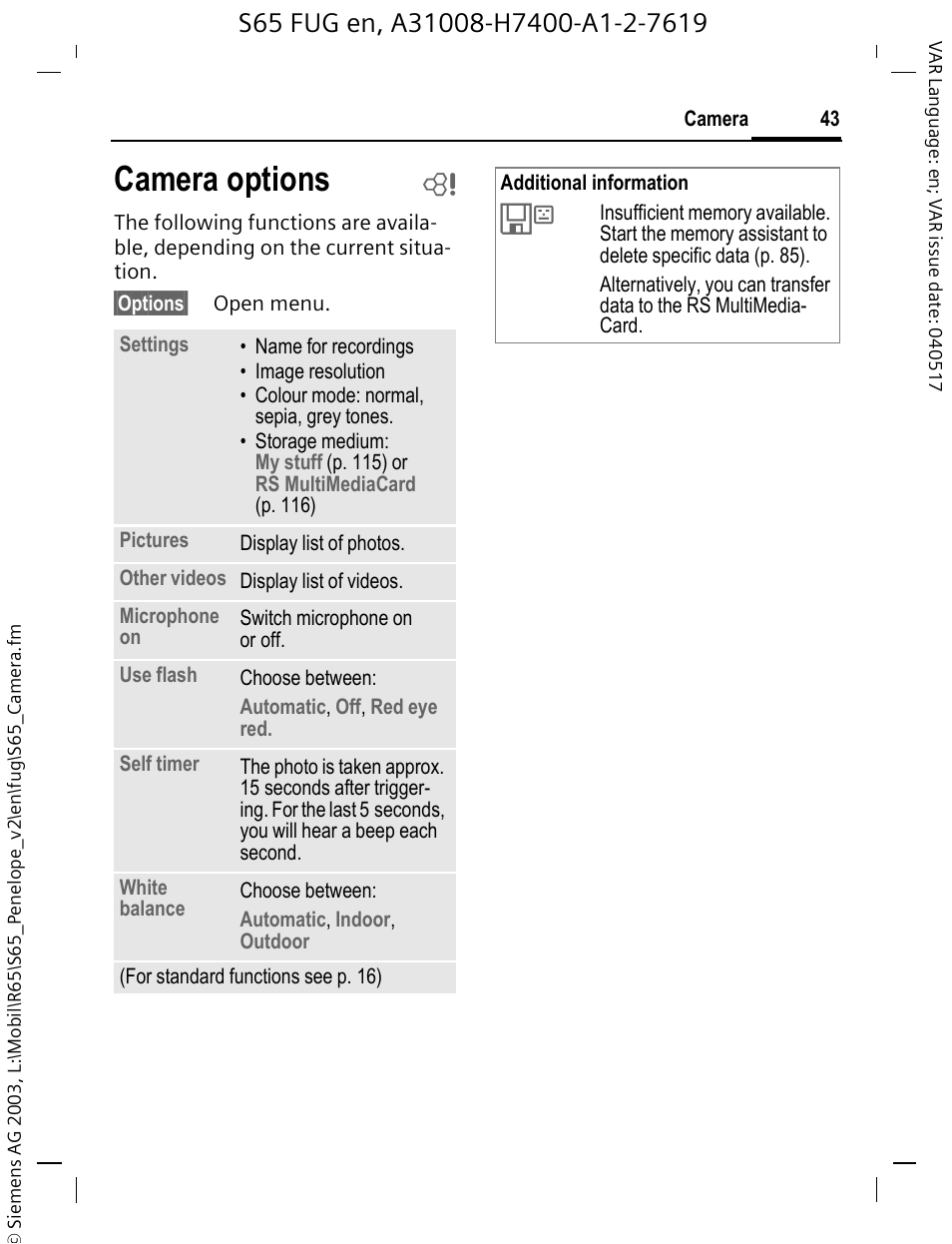 Camera options | Siemens S65 User Manual | Page 44 / 145