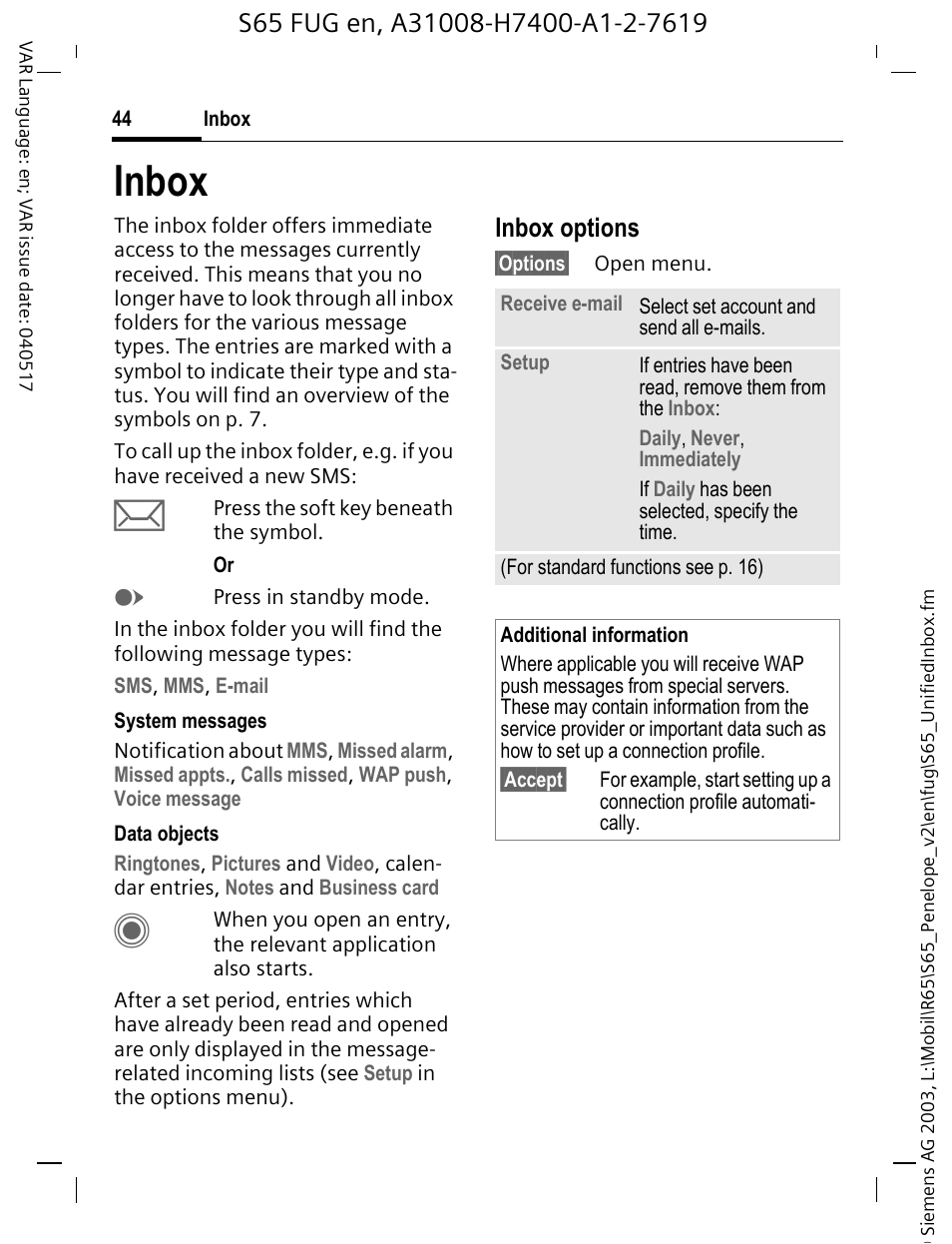 Inbox, Inbox options | Siemens S65 User Manual | Page 45 / 145