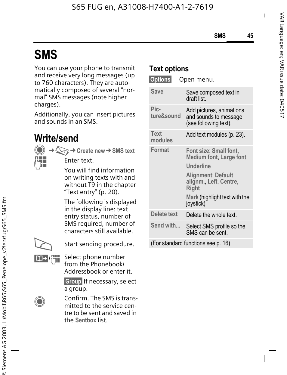 Write/send, Text options | Siemens S65 User Manual | Page 46 / 145