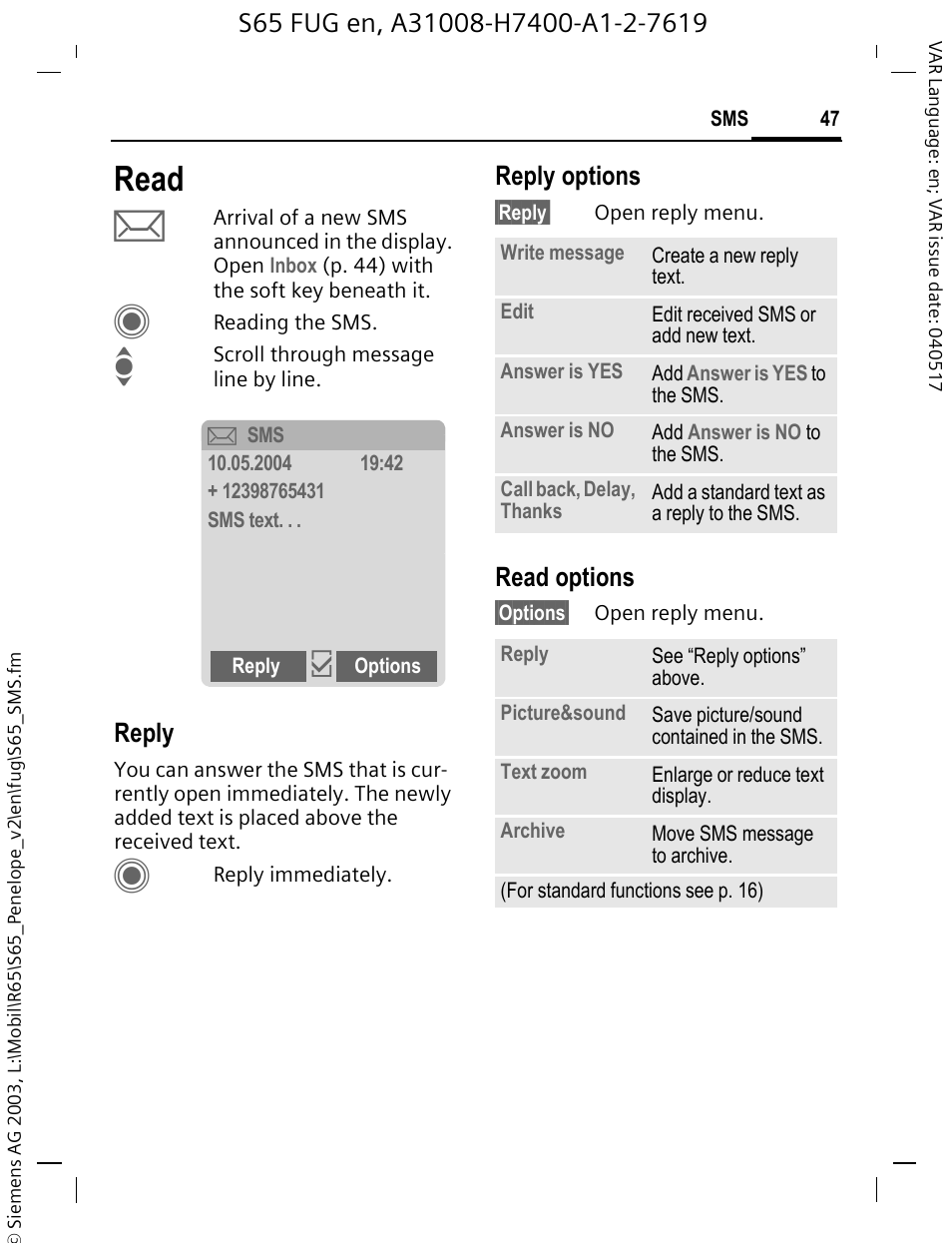 Read, Reply, Reply options | Read options | Siemens S65 User Manual | Page 48 / 145