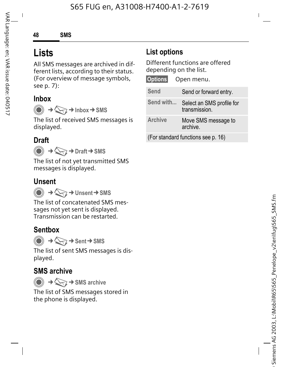 Lists | Siemens S65 User Manual | Page 49 / 145