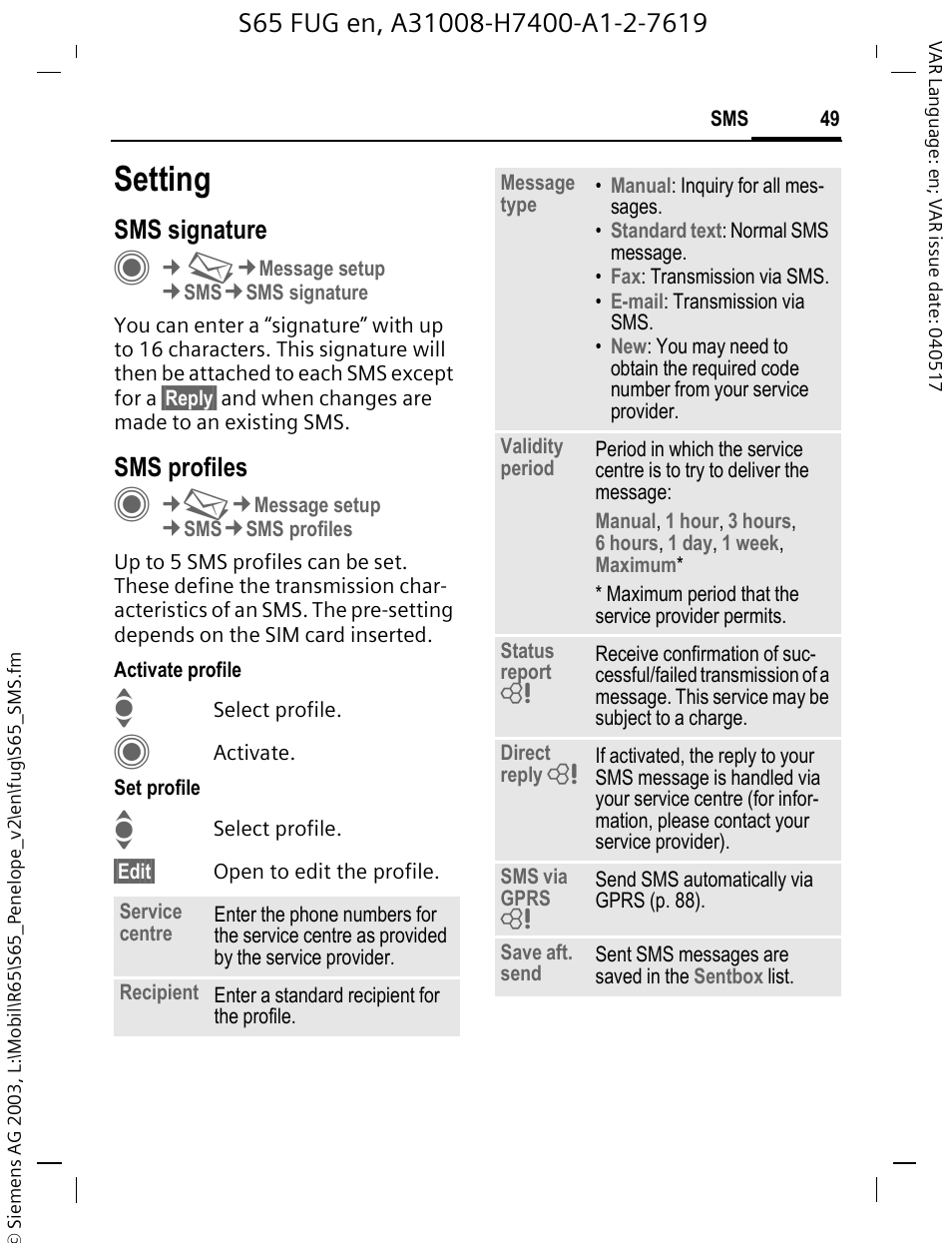 Setting, Sms signature, Sms profiles | Siemens S65 User Manual | Page 50 / 145