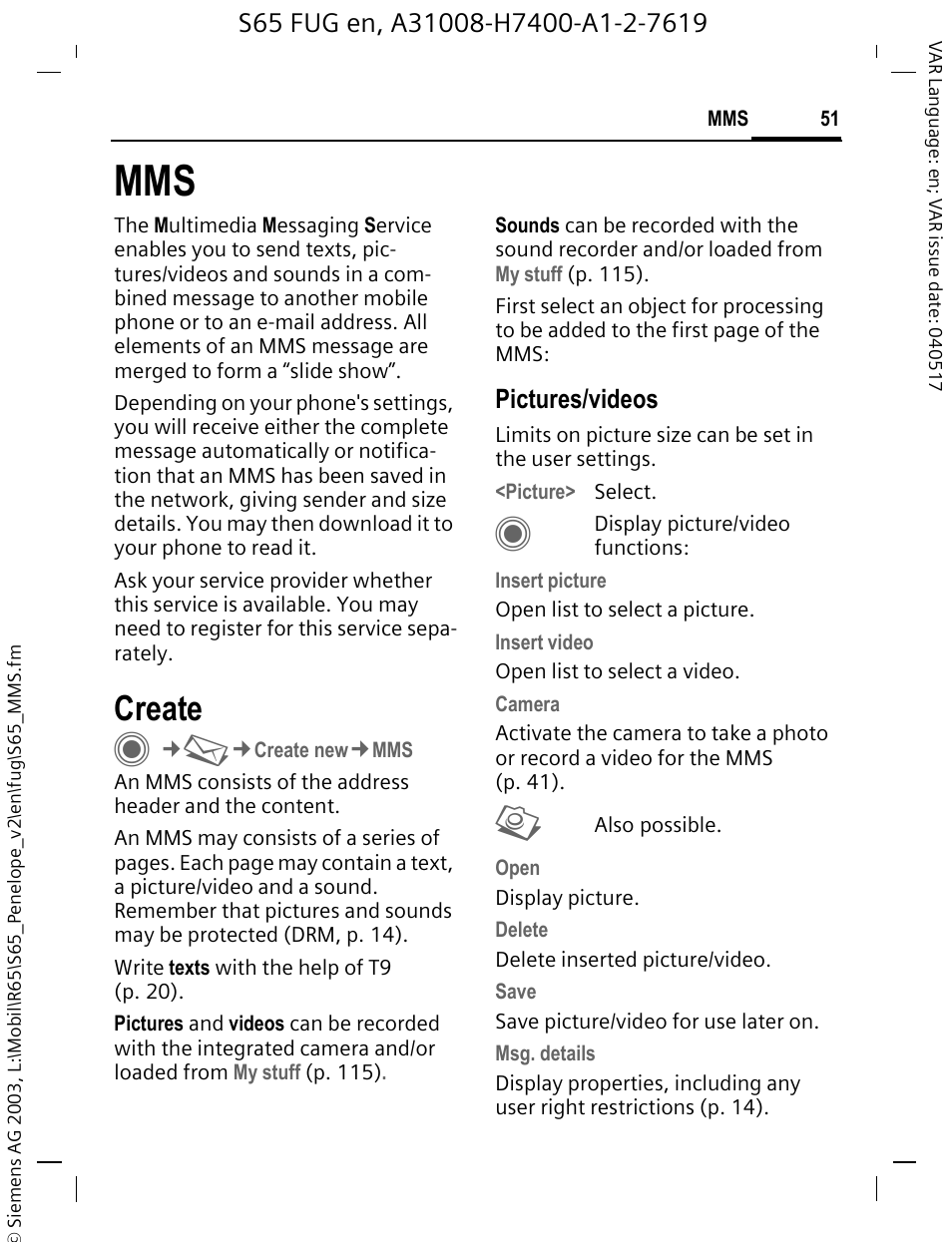 Create, Pictures/videos | Siemens S65 User Manual | Page 52 / 145