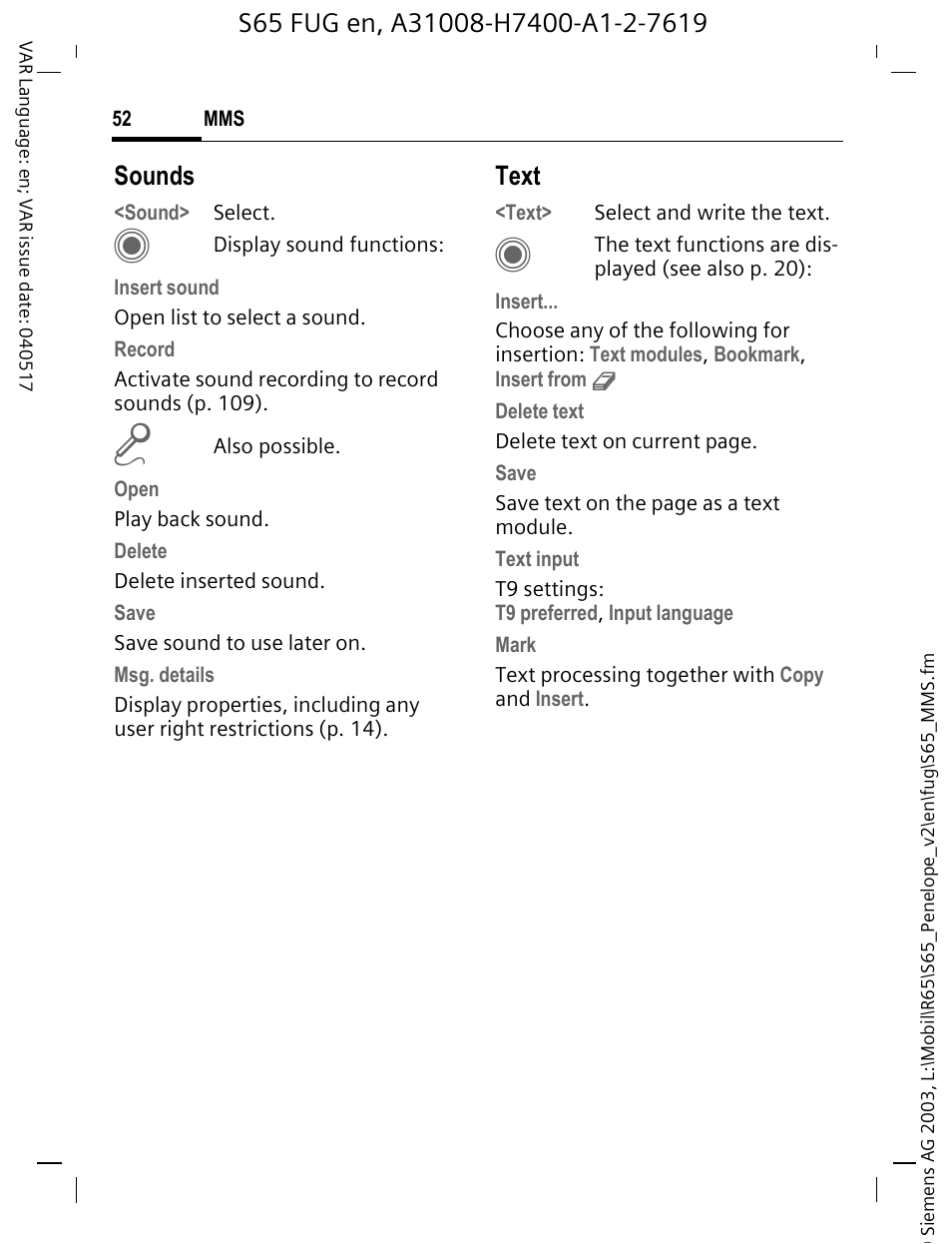 Sounds, Text | Siemens S65 User Manual | Page 53 / 145