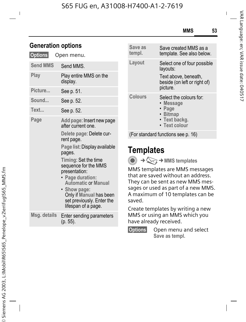 Templates, Generation options | Siemens S65 User Manual | Page 54 / 145