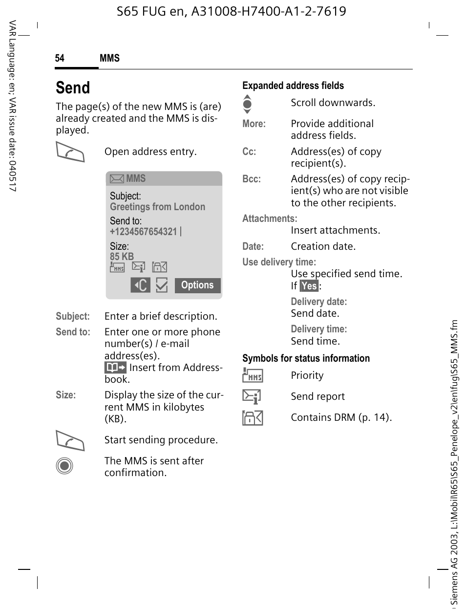 Send | Siemens S65 User Manual | Page 55 / 145