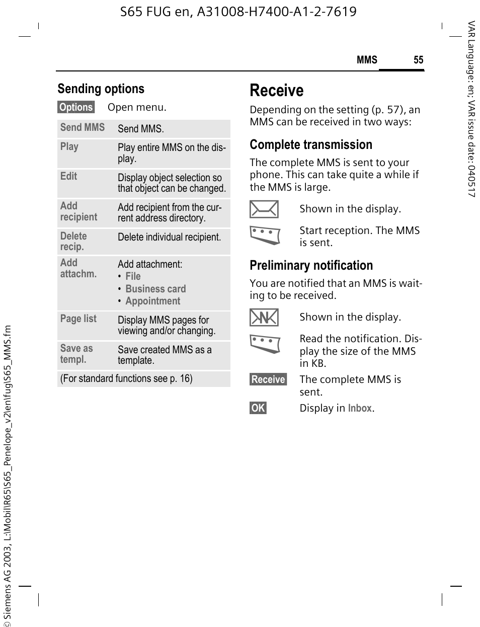 Receive, P. 55), Sending options | Complete transmission, Preliminary notification | Siemens S65 User Manual | Page 56 / 145