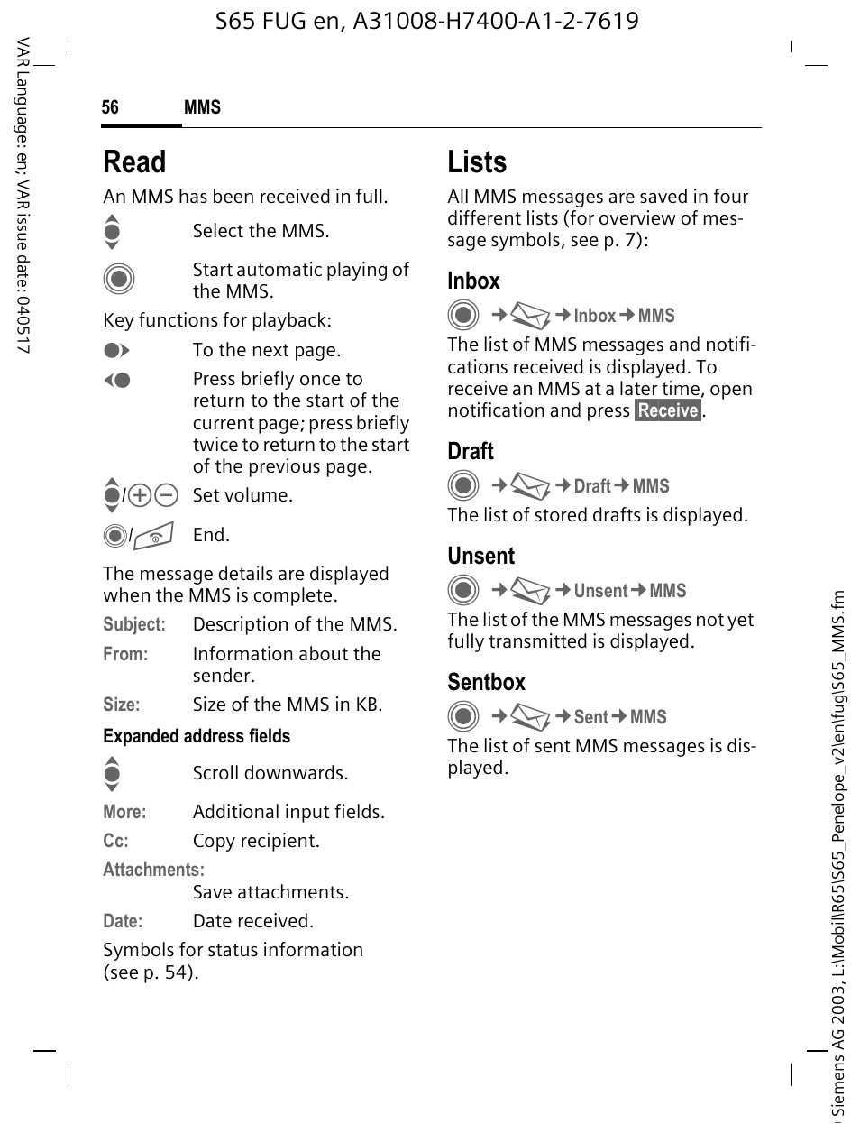 Read, Lists | Siemens S65 User Manual | Page 57 / 145