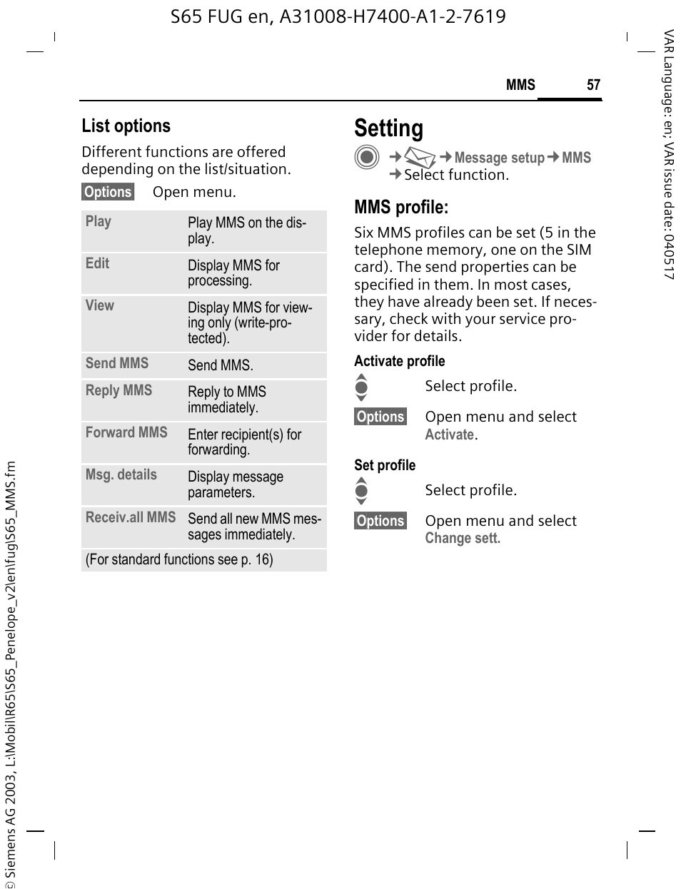 Setting, List options, Mms profile | Siemens S65 User Manual | Page 58 / 145