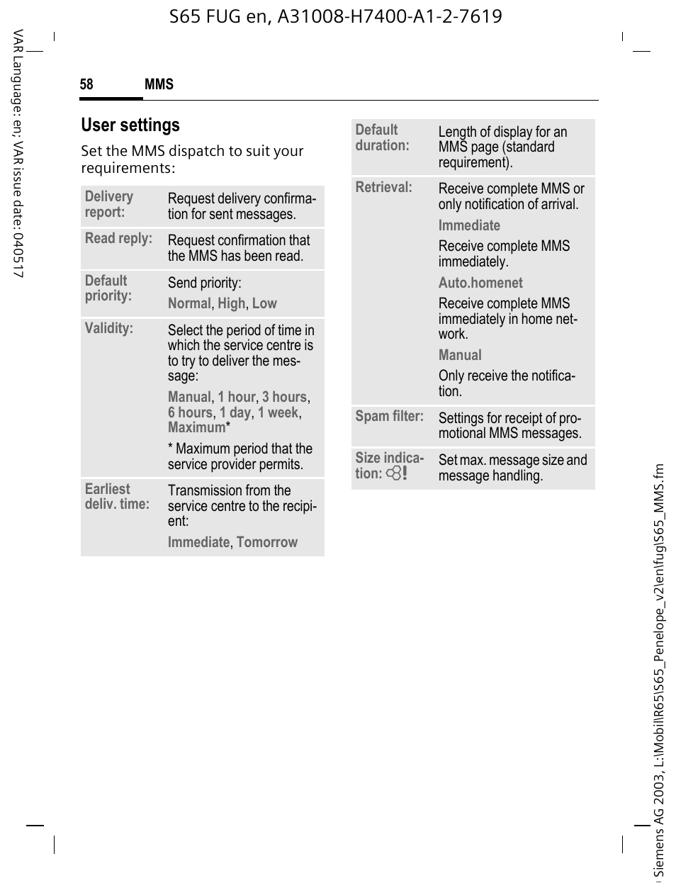 User settings | Siemens S65 User Manual | Page 59 / 145