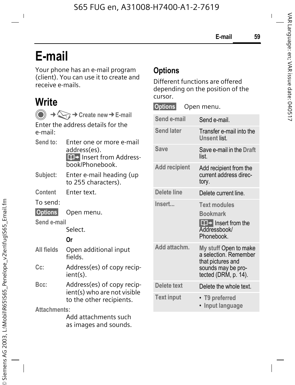 E-mail, Write, Options | Siemens S65 User Manual | Page 60 / 145