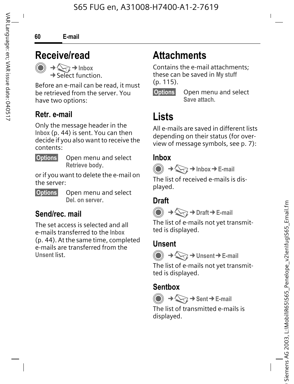 Receive/read, Attachments, Lists | Siemens S65 User Manual | Page 61 / 145