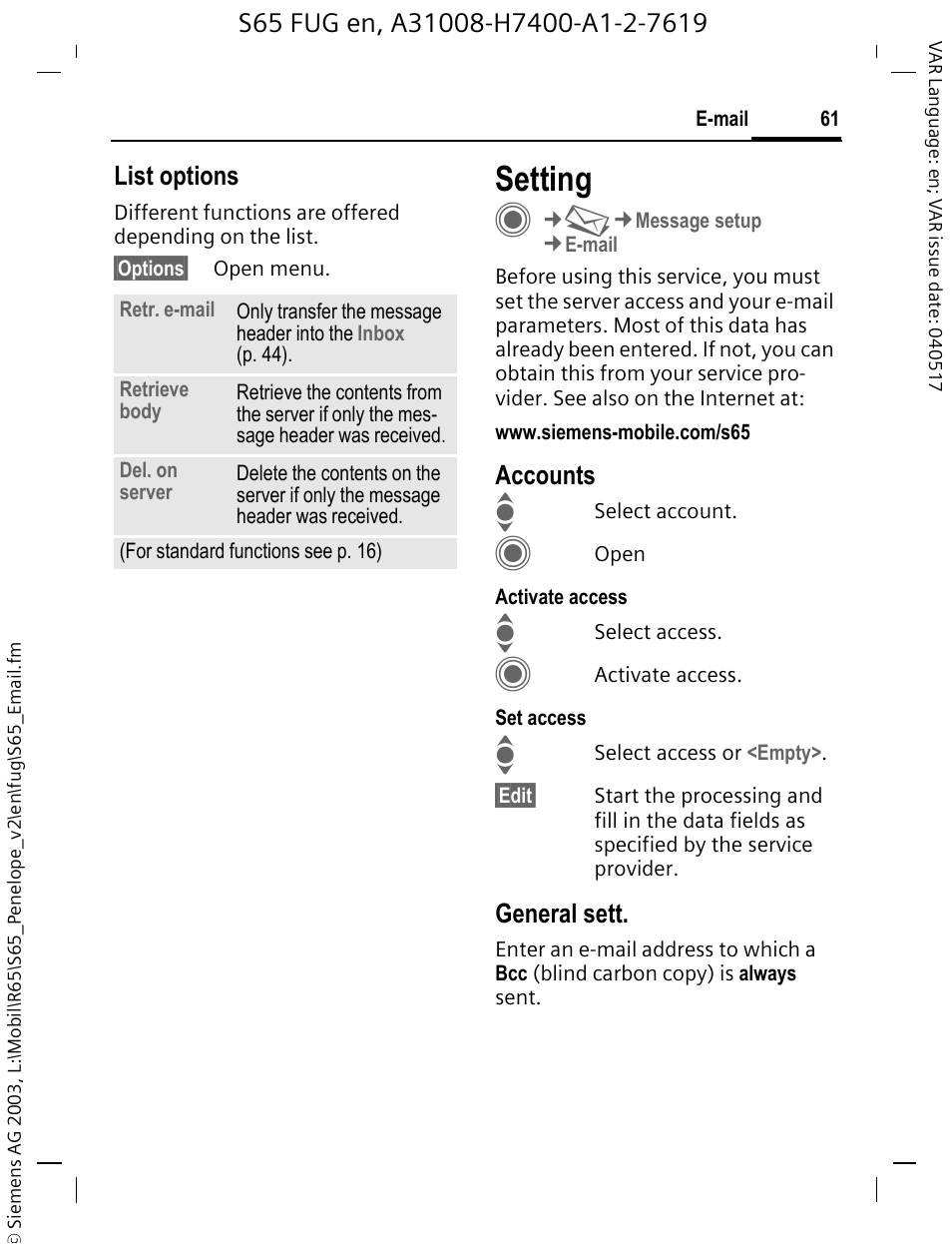 Setting | Siemens S65 User Manual | Page 62 / 145