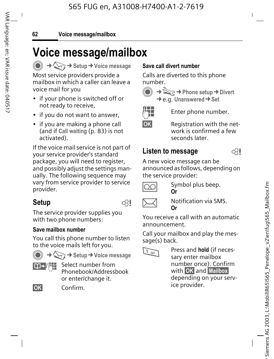 Voice message/mailbox, Voice message/mailbox c | Siemens S65 User Manual | Page 63 / 145
