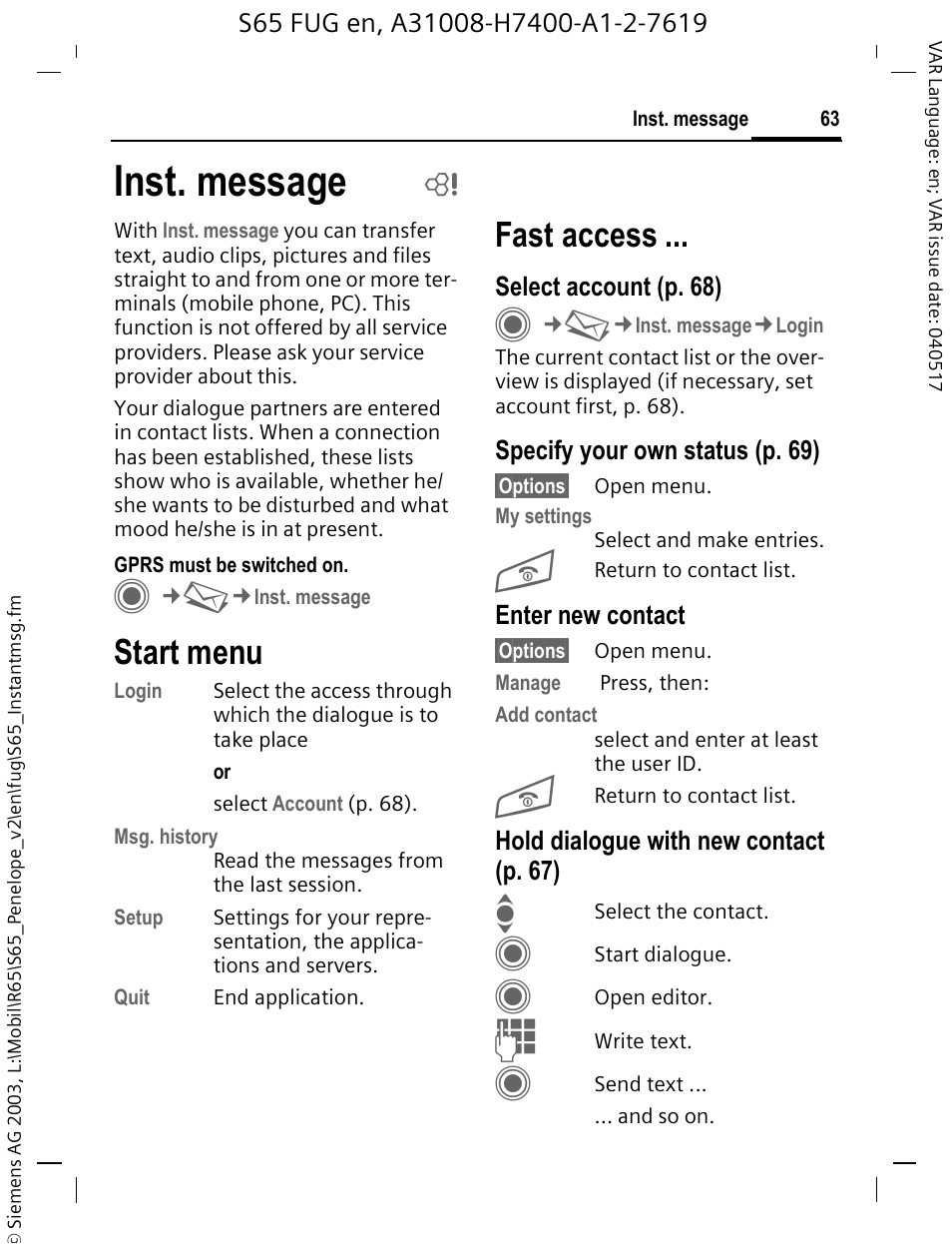 Inst. message, Start menu, Try (p. 63) | Fast access | Siemens S65 User Manual | Page 64 / 145