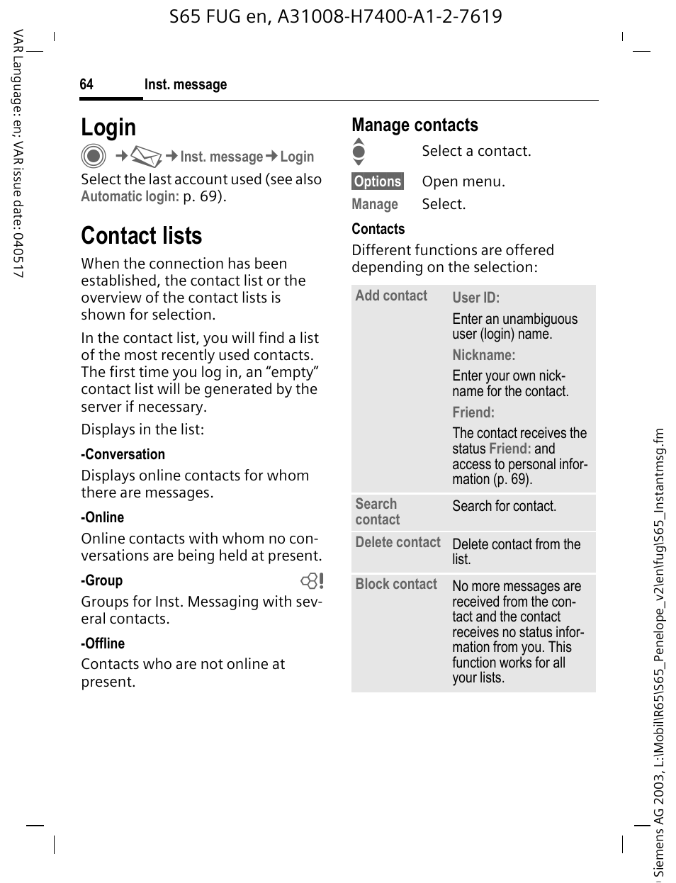 Login, Contact lists, Manage contacts | Siemens S65 User Manual | Page 65 / 145