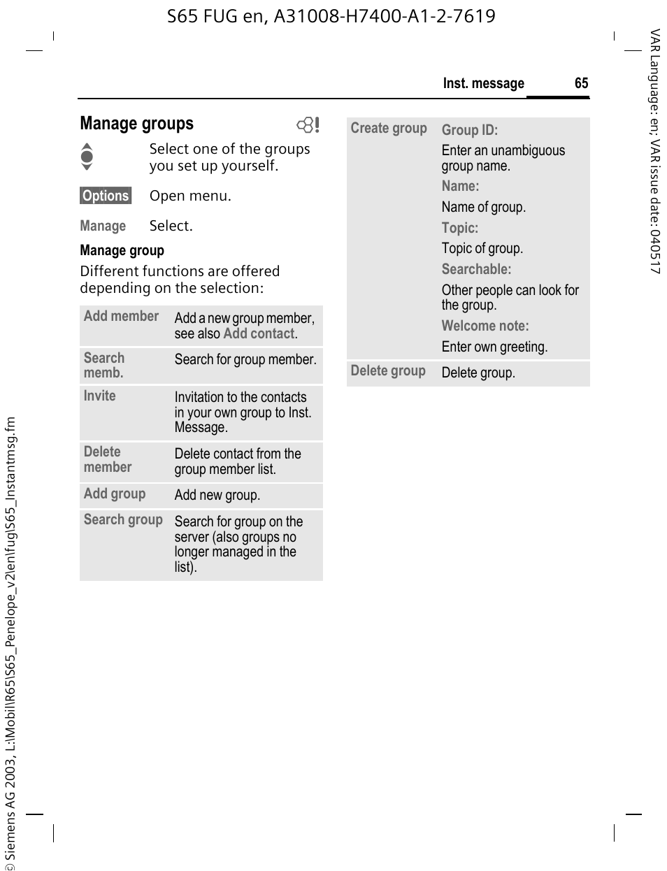 Manage groups b | Siemens S65 User Manual | Page 66 / 145