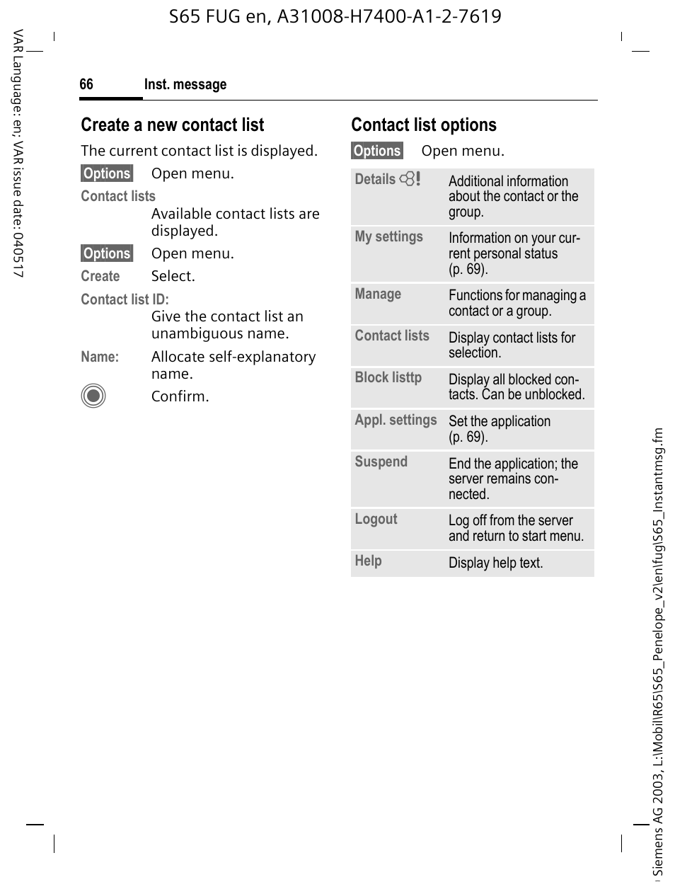 Create a new contact list, Contact list options | Siemens S65 User Manual | Page 67 / 145