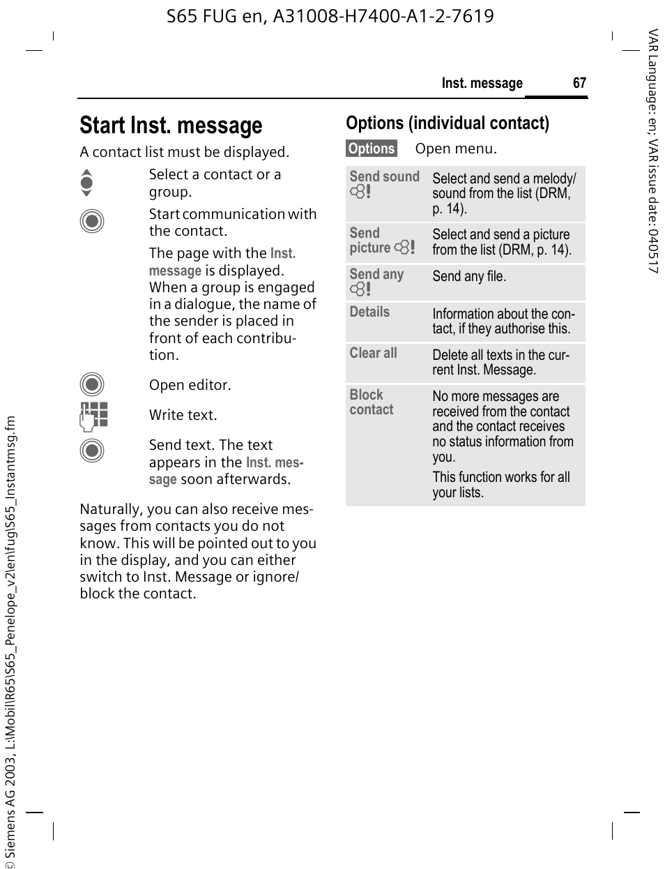 Start inst. message, P. 67), Options (individual contact) | Siemens S65 User Manual | Page 68 / 145