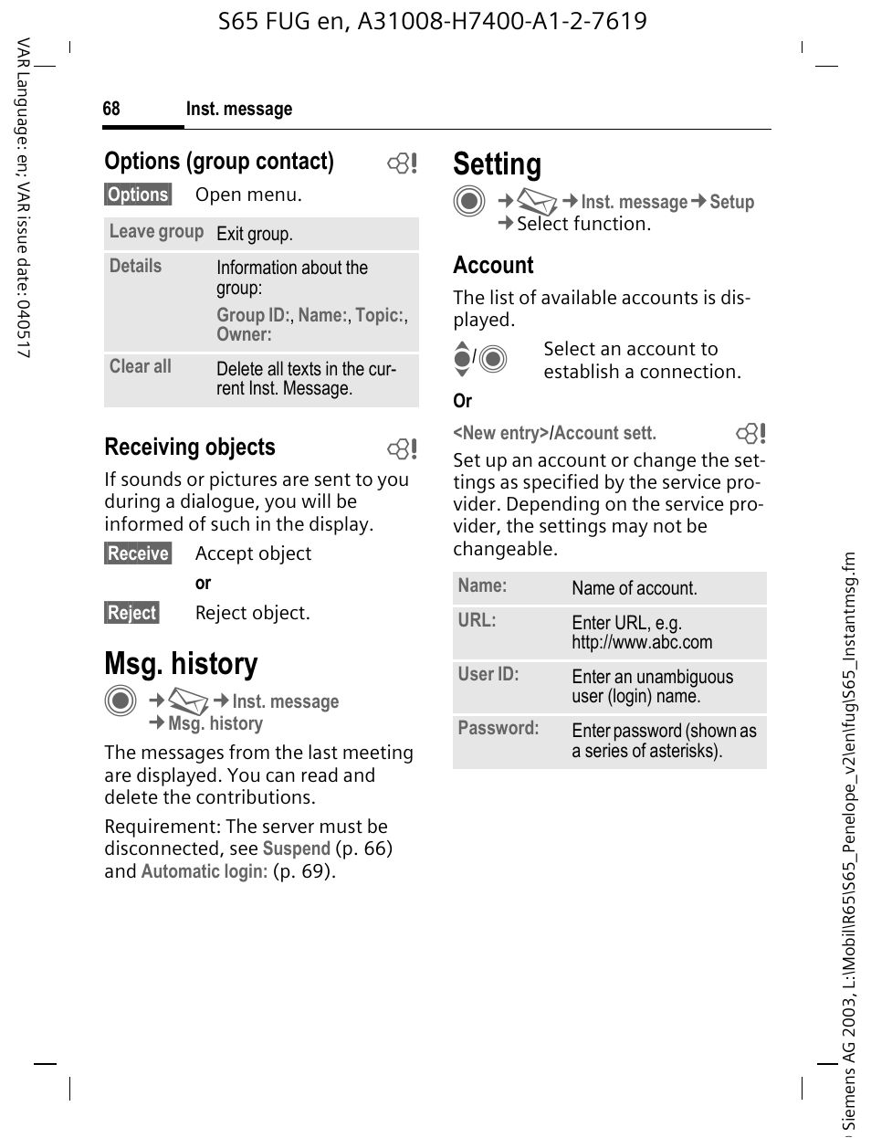 Msg. history, Setting, P. 68) | Select account (p. 68), Account first, p. 68), Options (group contact) b, Receiving objects b, Account | Siemens S65 User Manual | Page 69 / 145