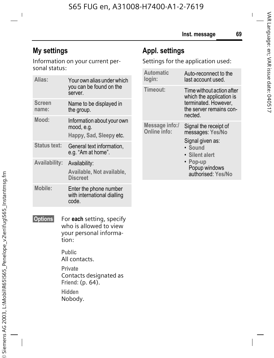 Specify your own status (p. 69), My settings, Appl. settings | Siemens S65 User Manual | Page 70 / 145