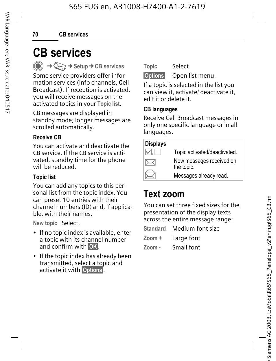 Cb services, Text zoom, Cb services c | Siemens S65 User Manual | Page 71 / 145