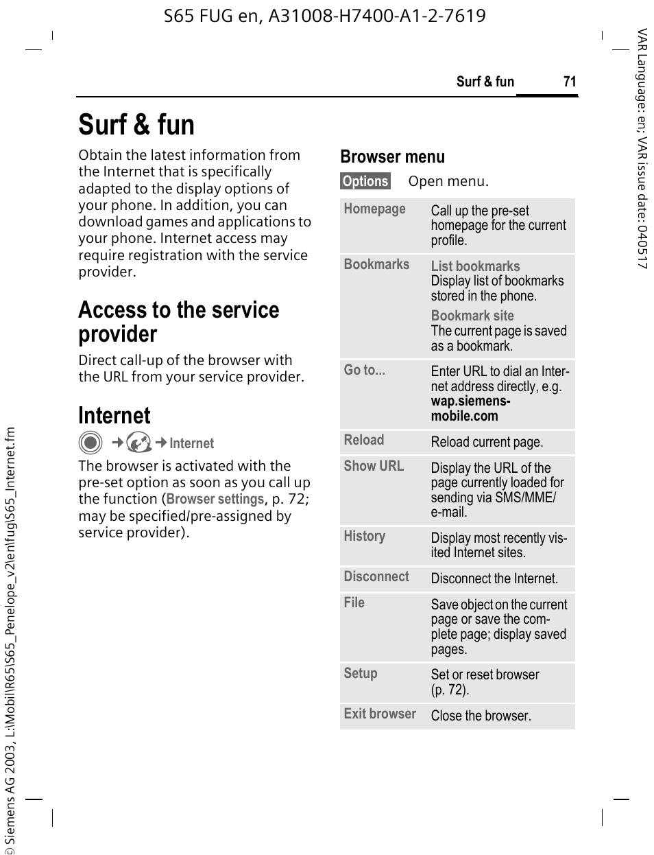 Surf & fun, Internet, Access to the service provider | Browser menu | Siemens S65 User Manual | Page 72 / 145