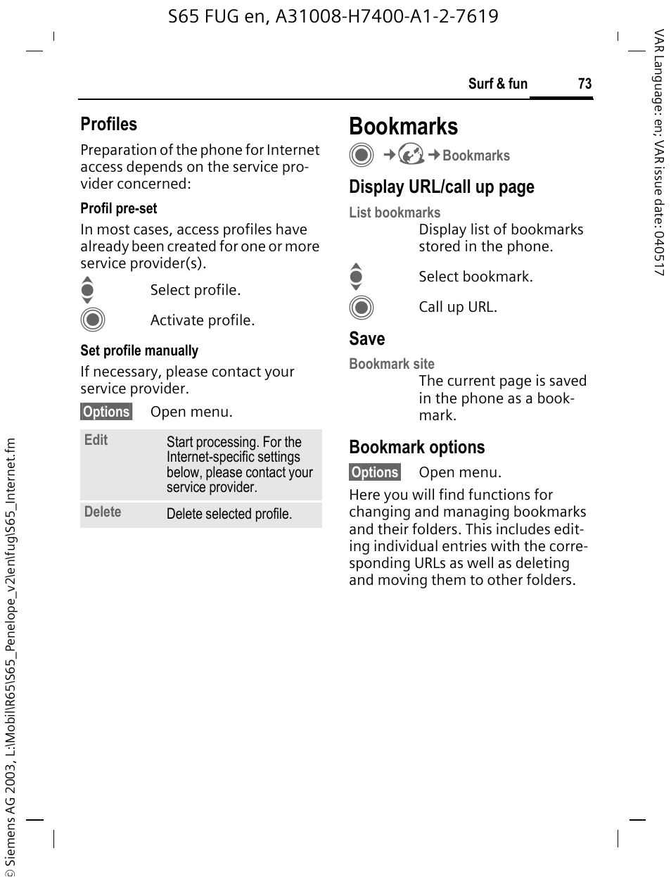 Bookmarks | Siemens S65 User Manual | Page 74 / 145