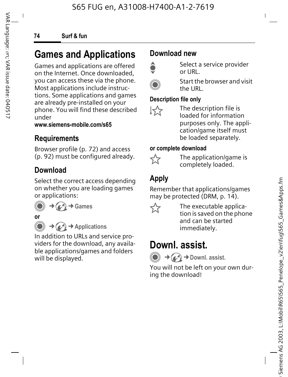 Games and applications, Downl. assist, Downl. assis | P. 74) | Siemens S65 User Manual | Page 75 / 145