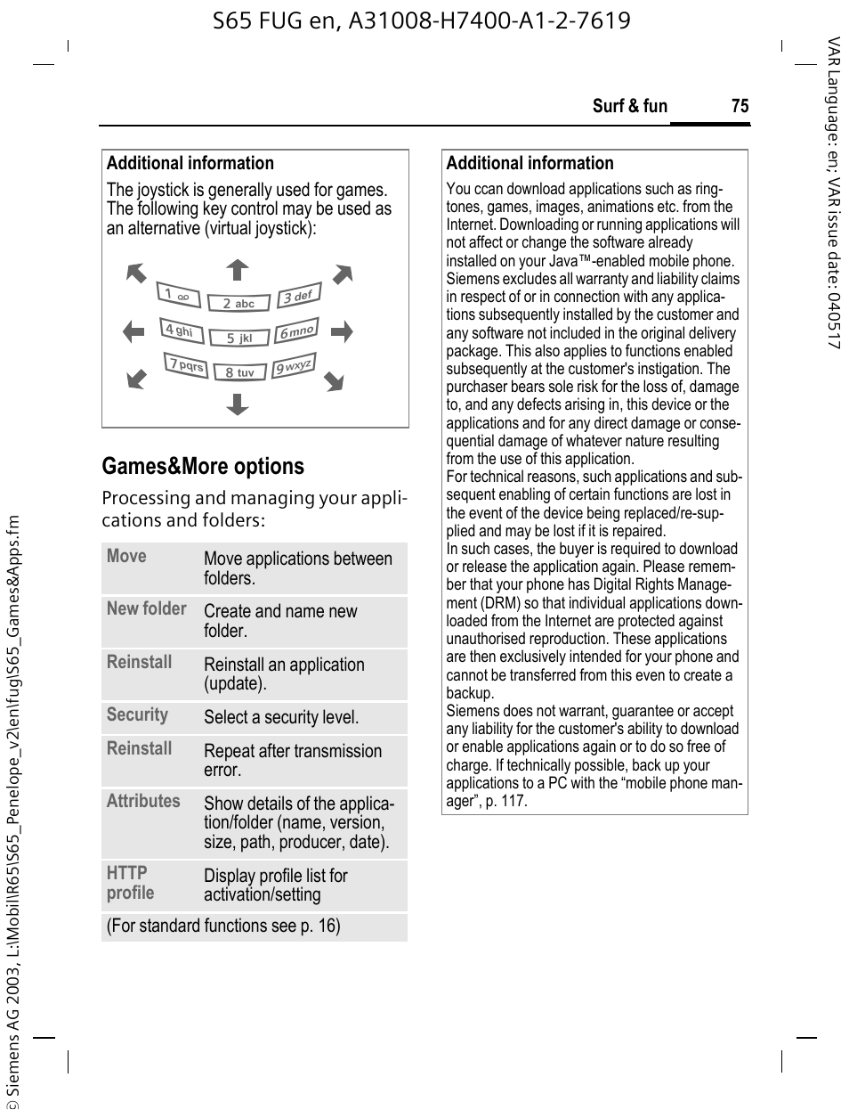 Games&more options | Siemens S65 User Manual | Page 76 / 145