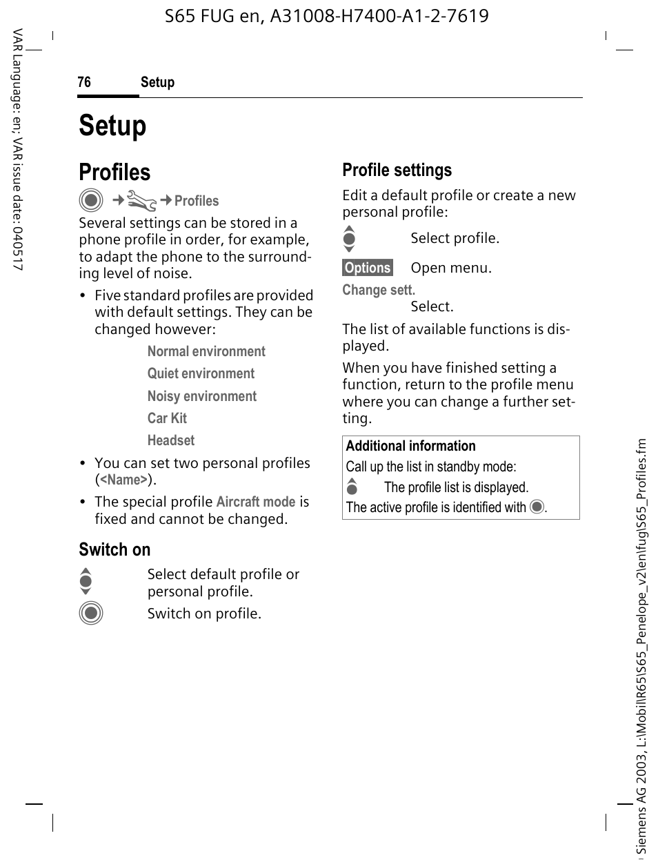 Setup, Profiles | Siemens S65 User Manual | Page 77 / 145