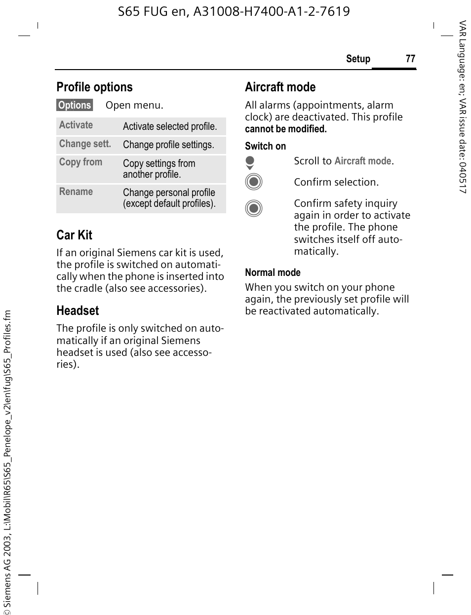 Profile options, Car kit, Headset | Aircraft mode | Siemens S65 User Manual | Page 78 / 145