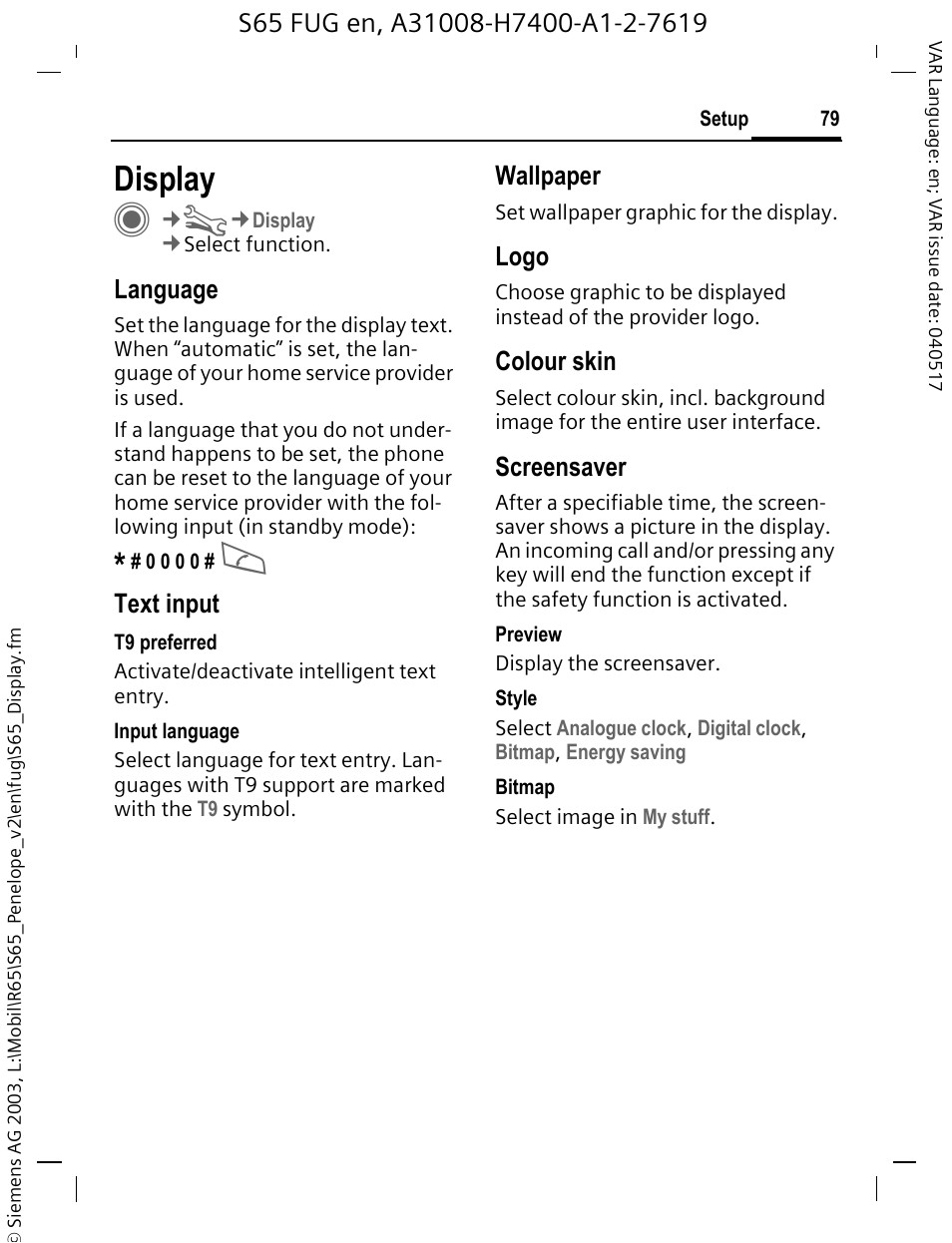 Display, Ver (p. 79), O (p. 79) | R (p. 79), In (p. 79), Language, Text input, Wallpaper, Logo, Colour skin | Siemens S65 User Manual | Page 80 / 145