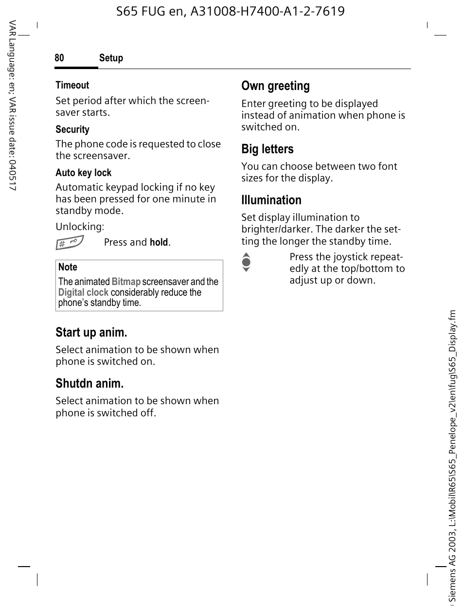 P. 80), Start up anim, Shutdn anim | Own greeting, Big letters, Illumination | Siemens S65 User Manual | Page 81 / 145