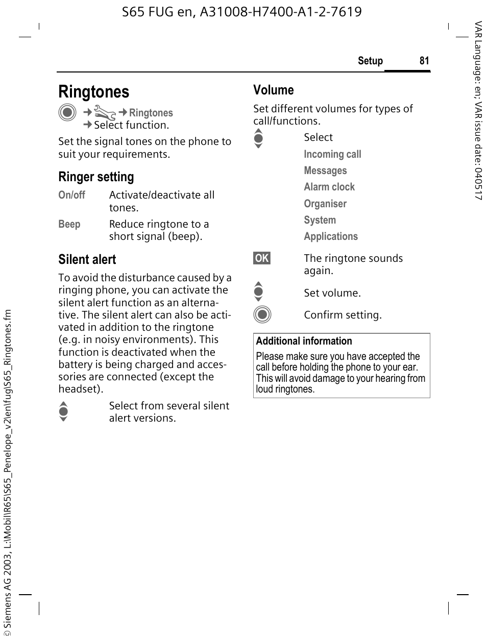 Ringtones, Nes (p. 81), Ringer setting | Silent alert, Volume | Siemens S65 User Manual | Page 82 / 145