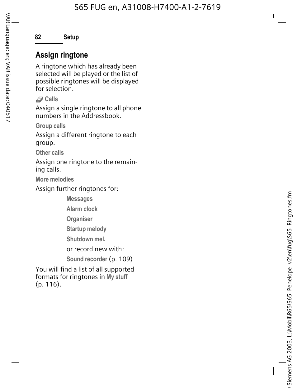 Assign ringtone | Siemens S65 User Manual | Page 83 / 145