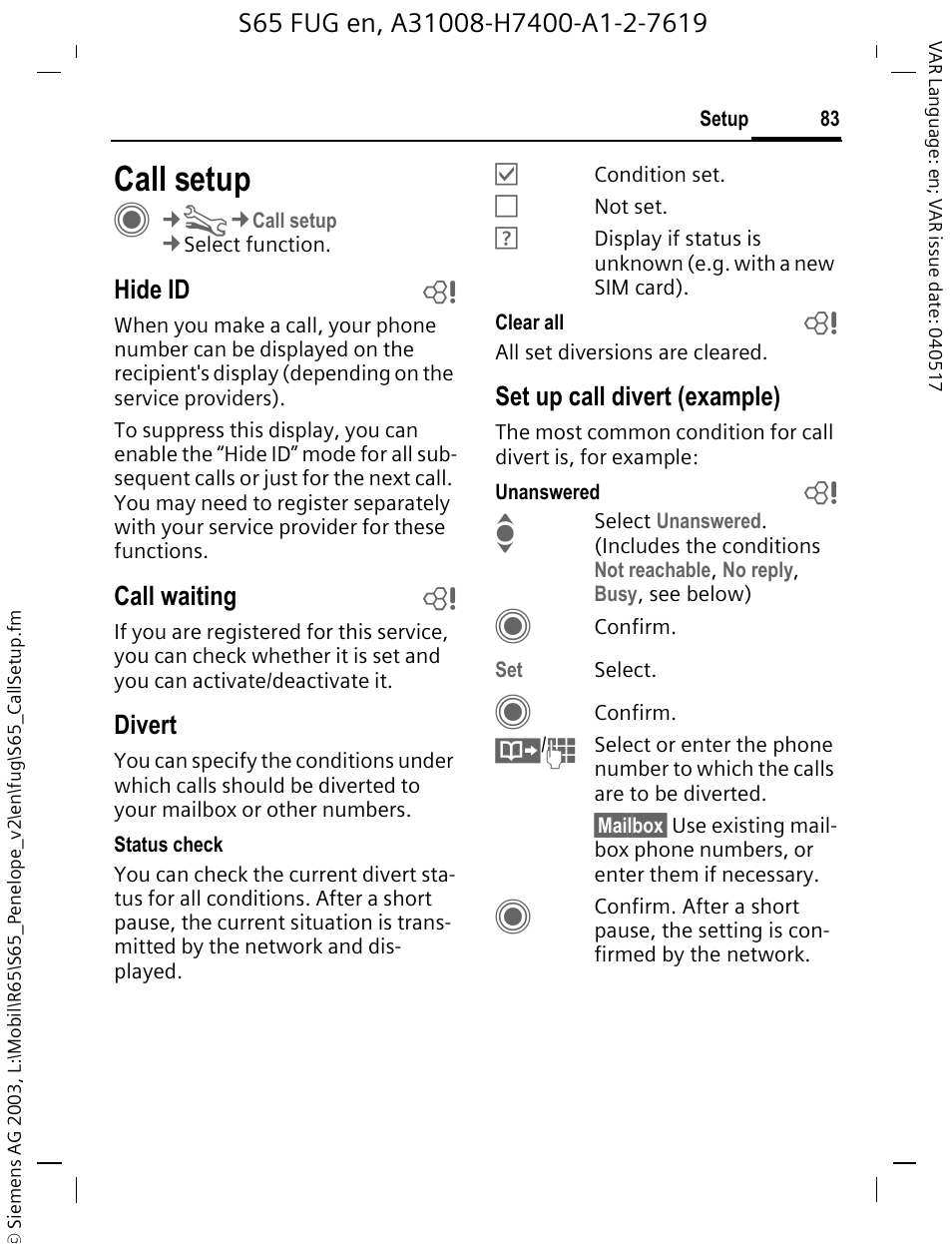 Call setup | Siemens S65 User Manual | Page 84 / 145