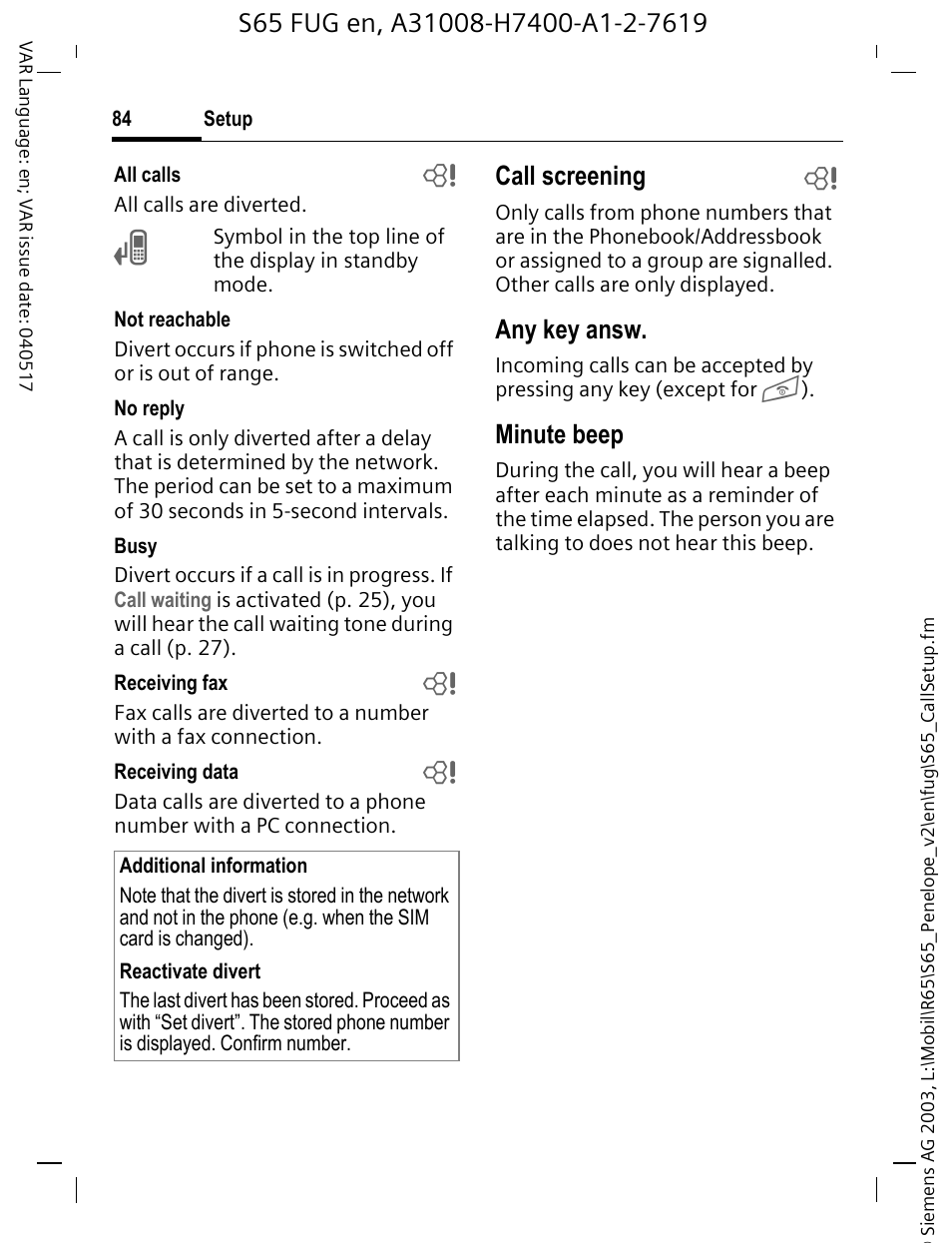 Call screening b, Any key answ, Minute beep | Siemens S65 User Manual | Page 85 / 145