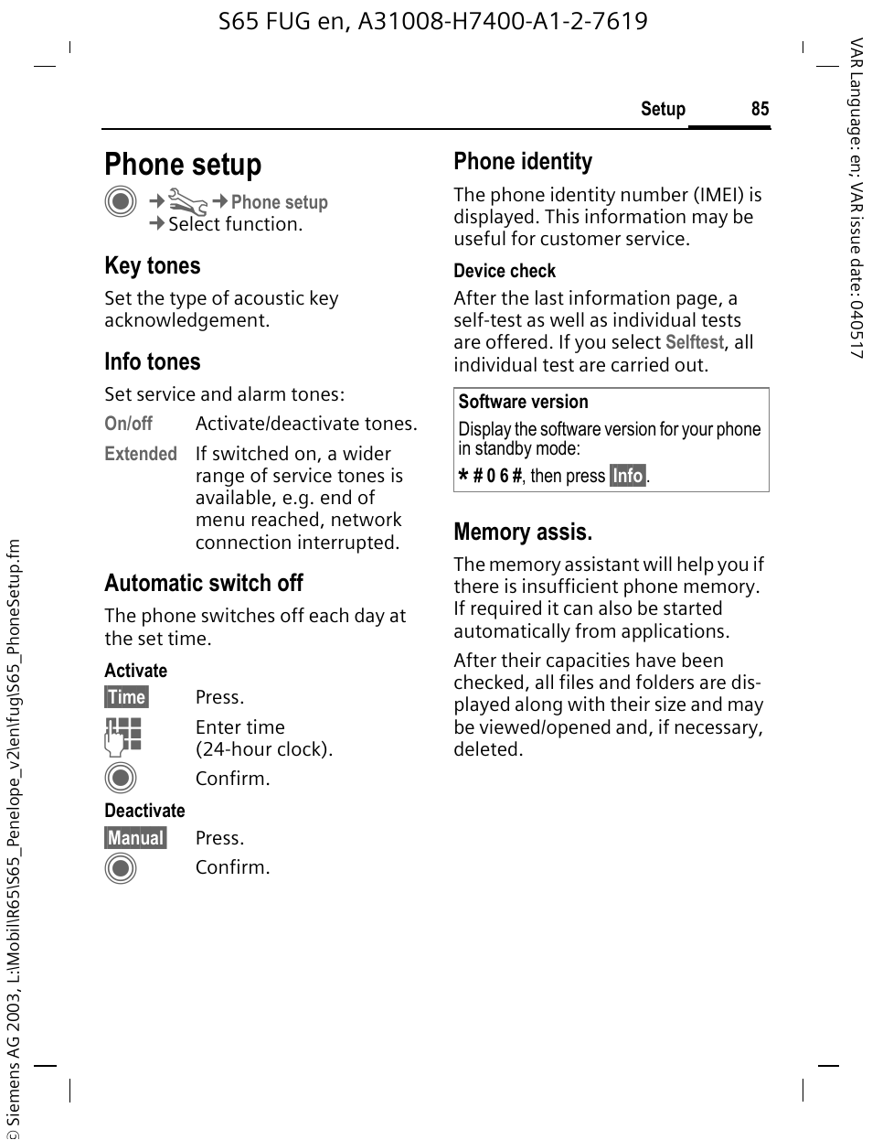 Phone setup, A (p. 85), Key tones | Info tones, Automatic switch off, Phone identity | Siemens S65 User Manual | Page 86 / 145