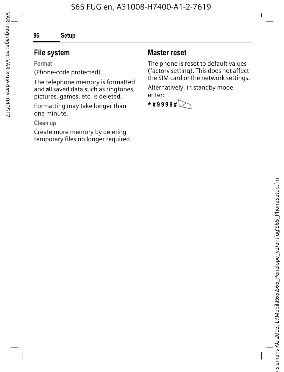 File system, Master reset | Siemens S65 User Manual | Page 87 / 145