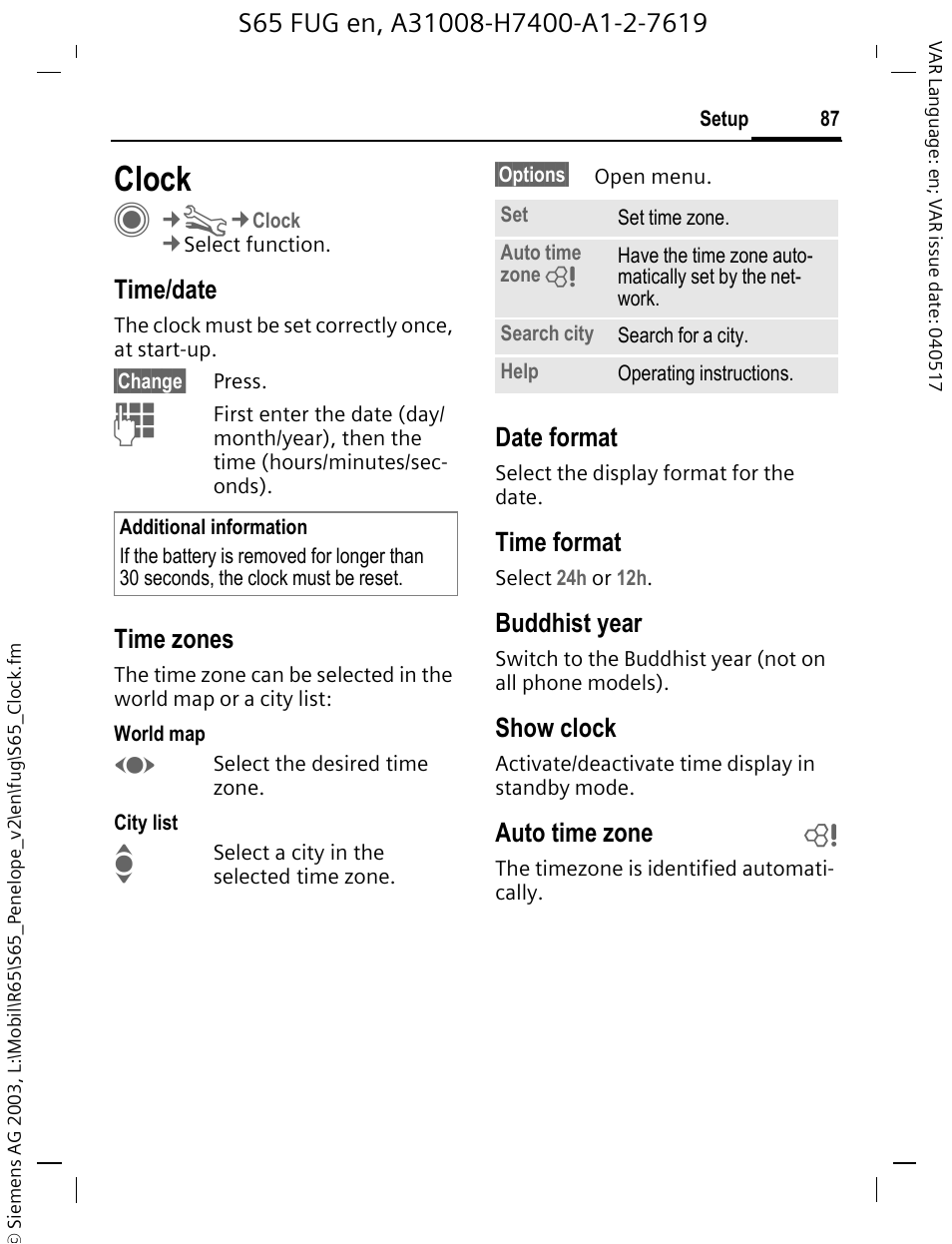 Clock, Time/date, Time zones | Date format, Time format, Buddhist year, Show clock, Auto time zone b | Siemens S65 User Manual | Page 88 / 145