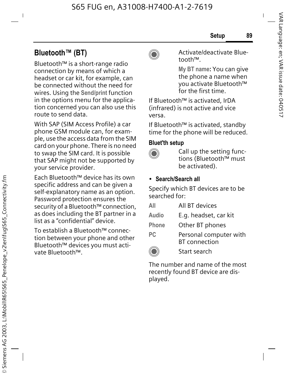 Bluetooth™ (bt) | Siemens S65 User Manual | Page 90 / 145