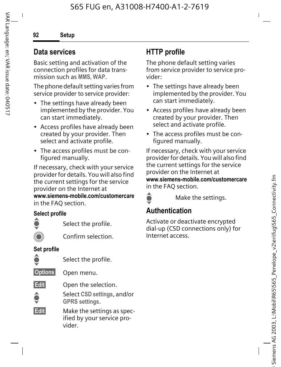 Data services, Authentication | Siemens S65 User Manual | Page 93 / 145