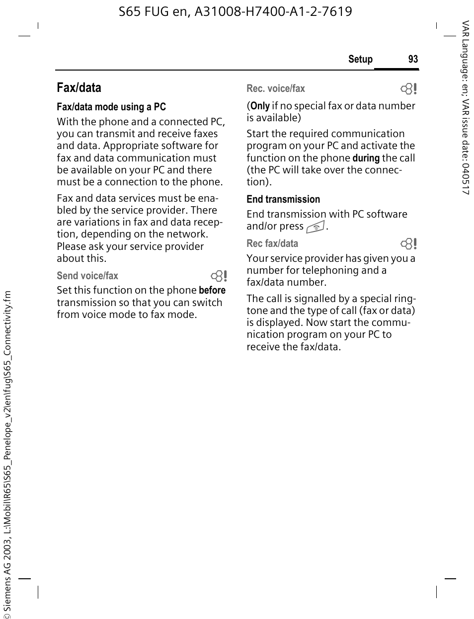 Fax/data | Siemens S65 User Manual | Page 94 / 145