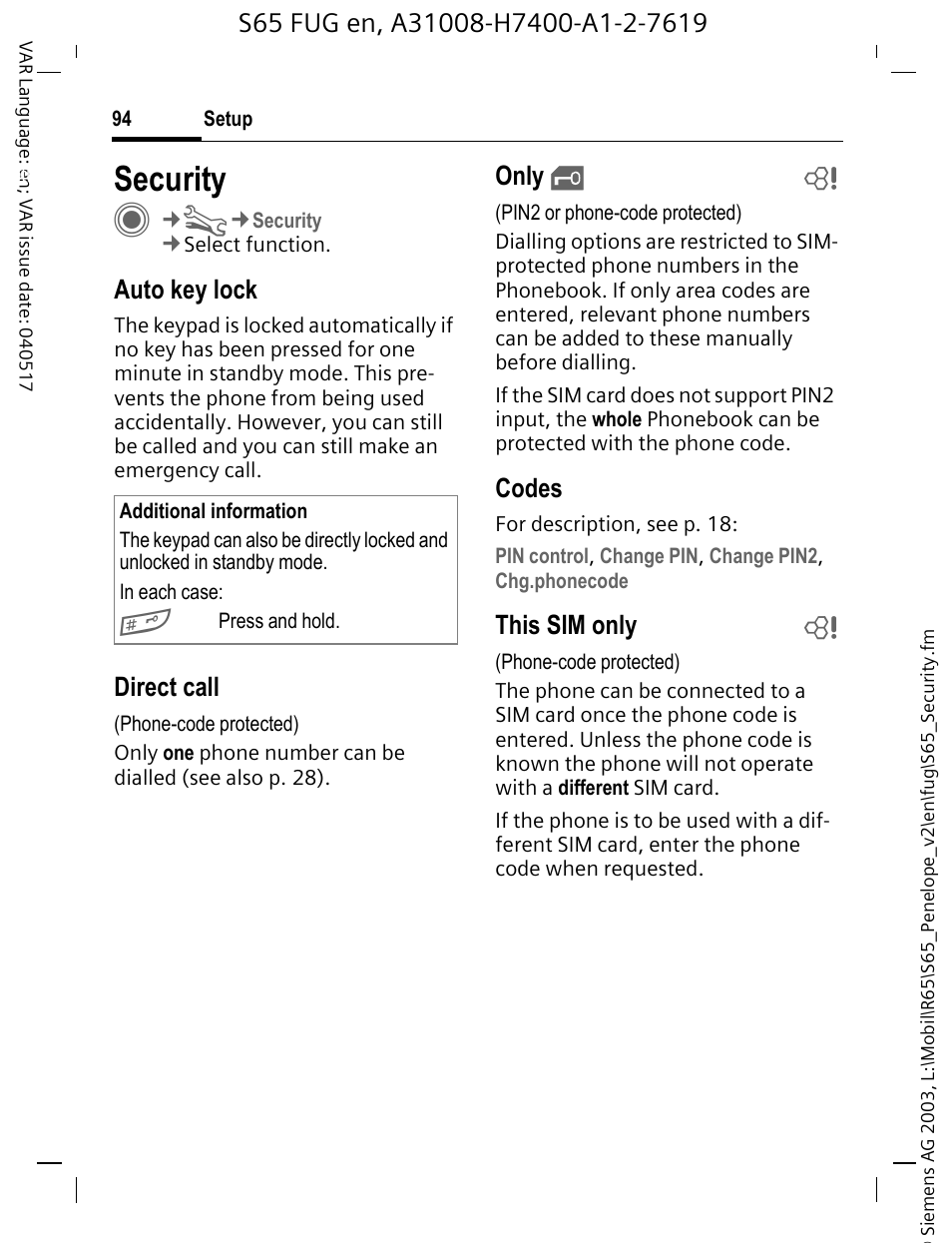 Security, Auto key lock, Direct call | Only, Codes, This sim only b | Siemens S65 User Manual | Page 95 / 145