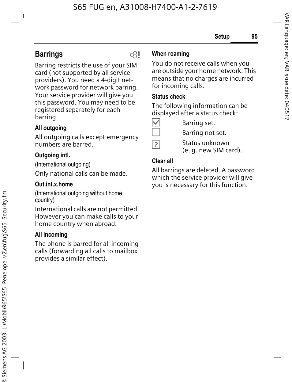 Barrings b | Siemens S65 User Manual | Page 96 / 145