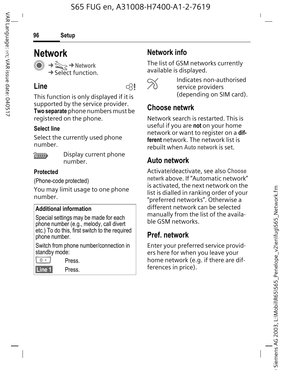 Network, Line b, Network info | Choose netwrk, Auto network, Pref. network | Siemens S65 User Manual | Page 97 / 145