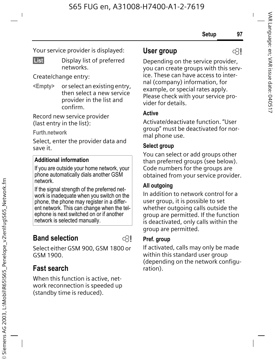 Band selection b, Fast search, User group b | Siemens S65 User Manual | Page 98 / 145