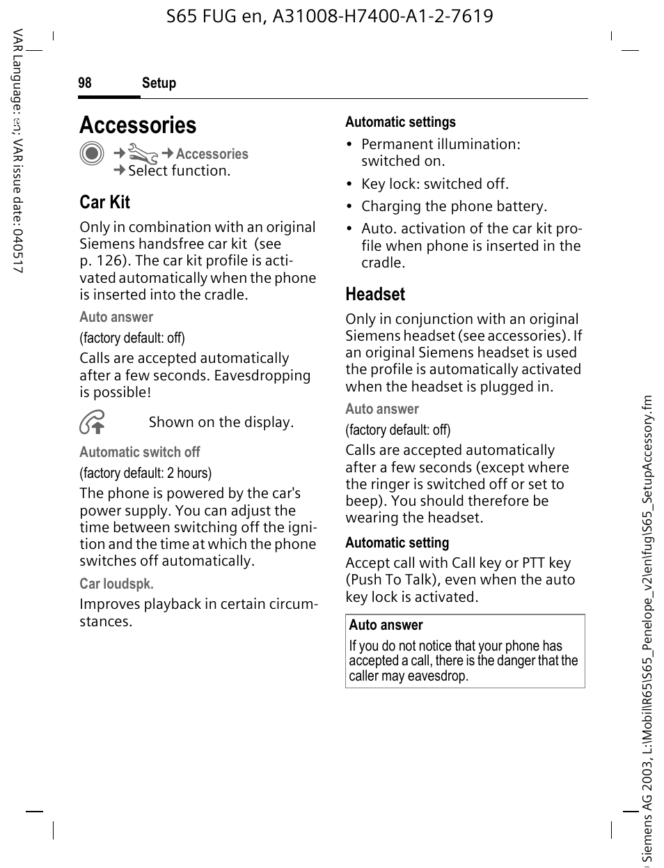 Accessories, Car kit, Headset | Siemens S65 User Manual | Page 99 / 145